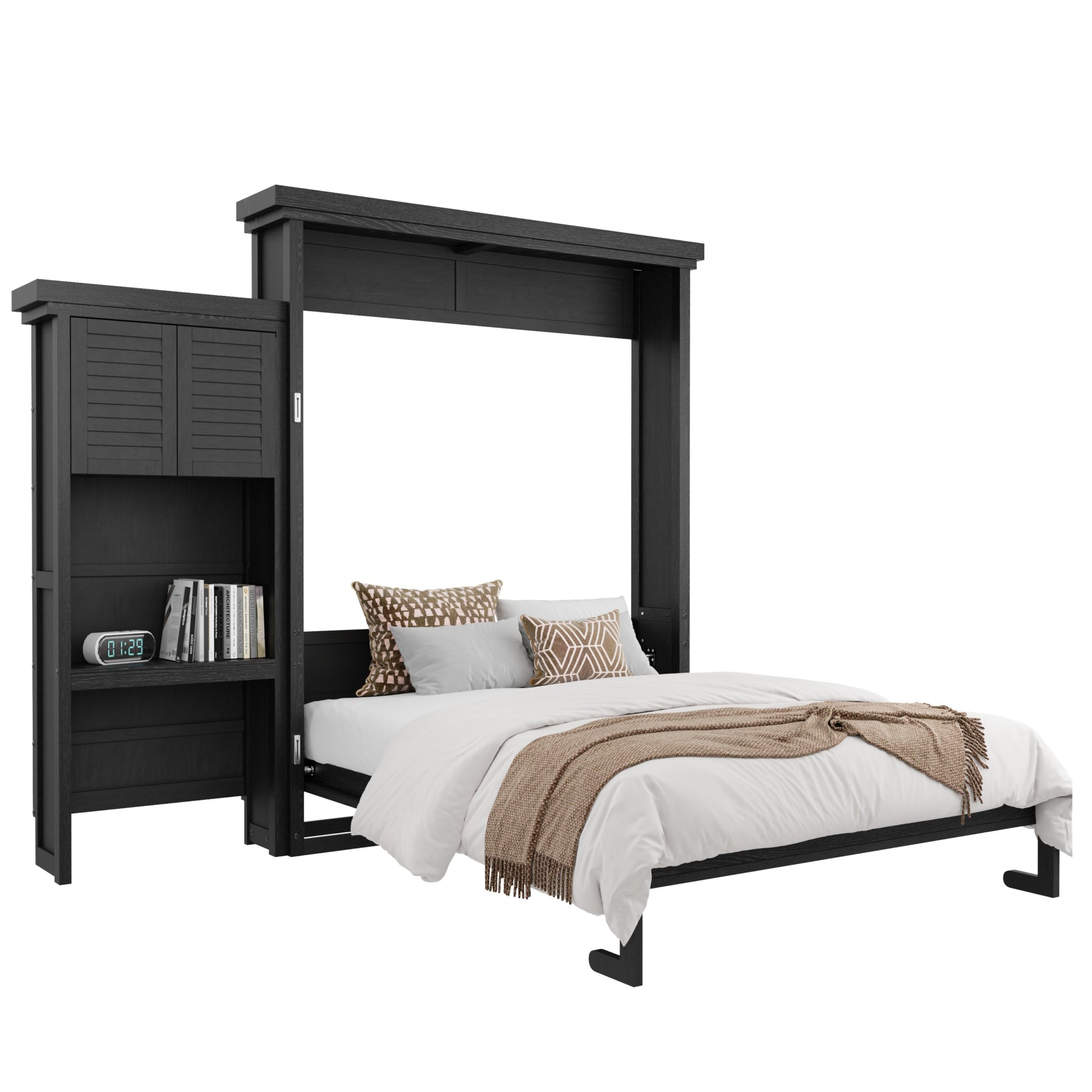 Queen Size Murphy Bed with Multiple Storage Shelves and Louvered Style Decoration,Black image 11
