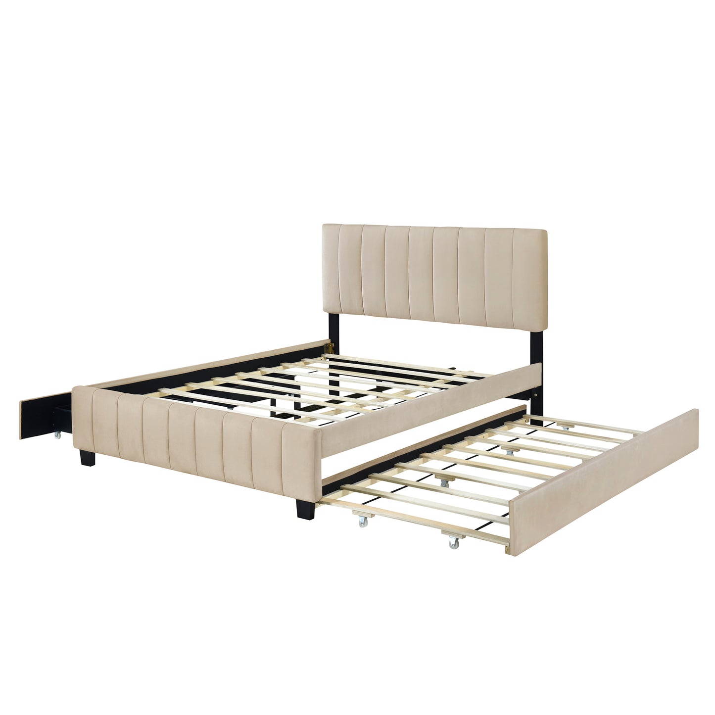 Queen Size Velvet Upholstered Platform Bed with 2 Drawers and 1 Twin XL Trundle- Beige image 9