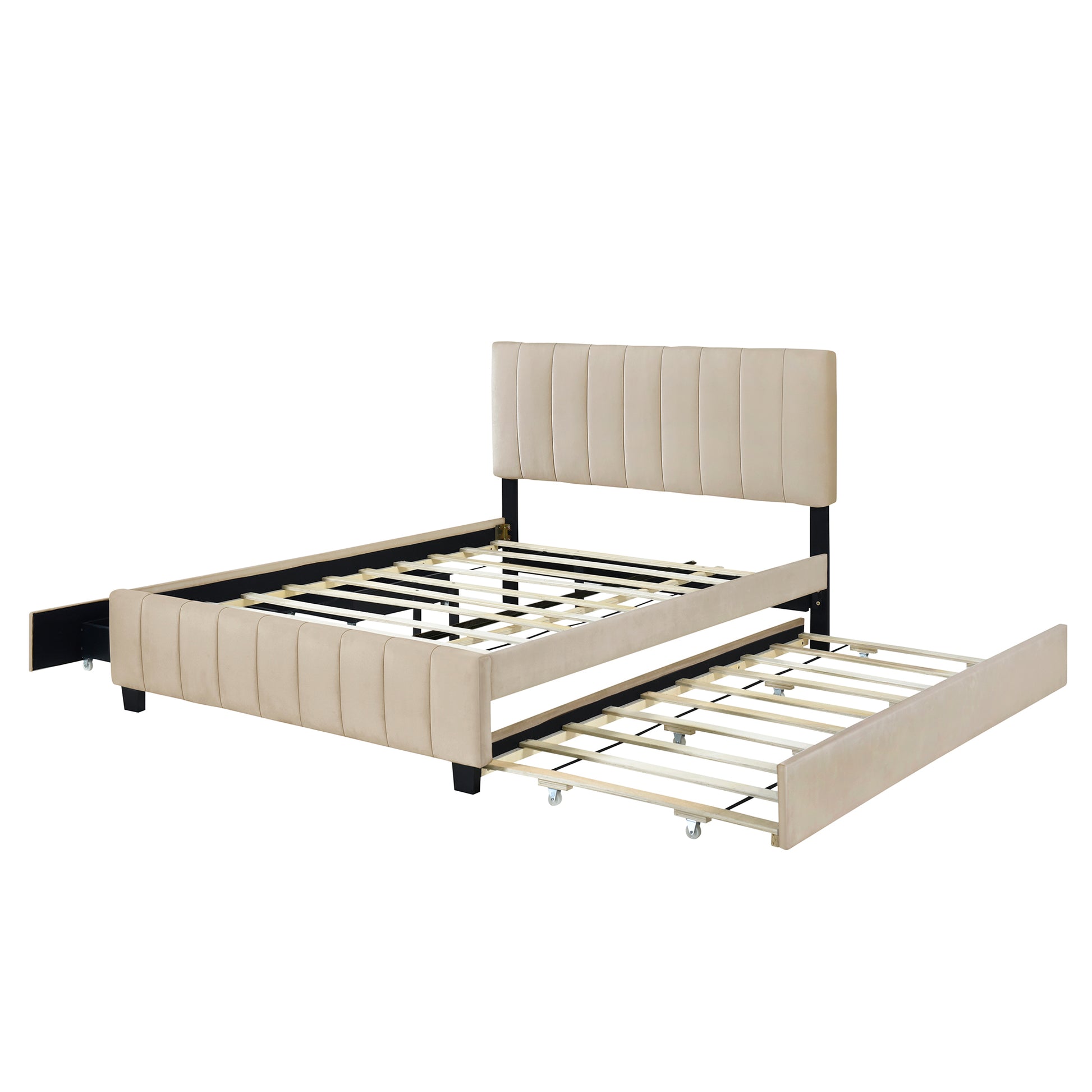 Queen Size Velvet Upholstered Platform Bed with 2 Drawers and 1 Twin XL Trundle- Beige image 9