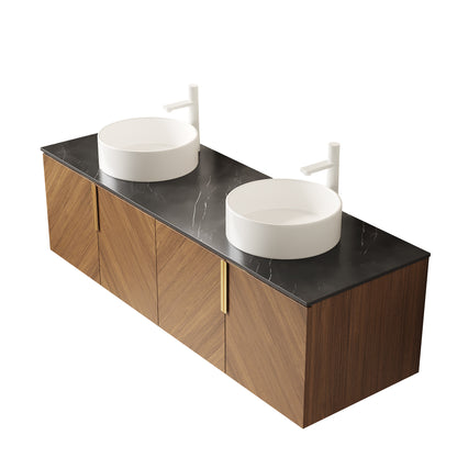 ARAI 60" Bathroom Vanity with Sinks, Floating Wall-Mounted Plywood Bathroom Storage Cabinet with 4 Doors, 2 White Round Ceramic Basins and Black Sintered Stone Countertop, Brown Oak Woodgrain Color image 4