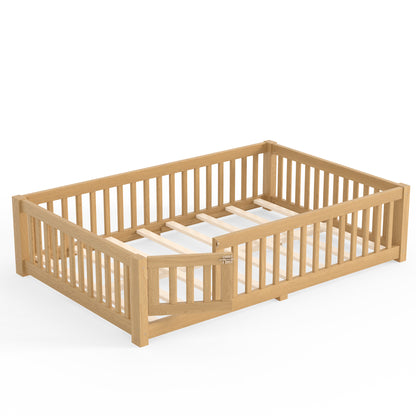 Full Size Bed Floor Bed with Safety Guardrails and Door for Kids, Natural image 7