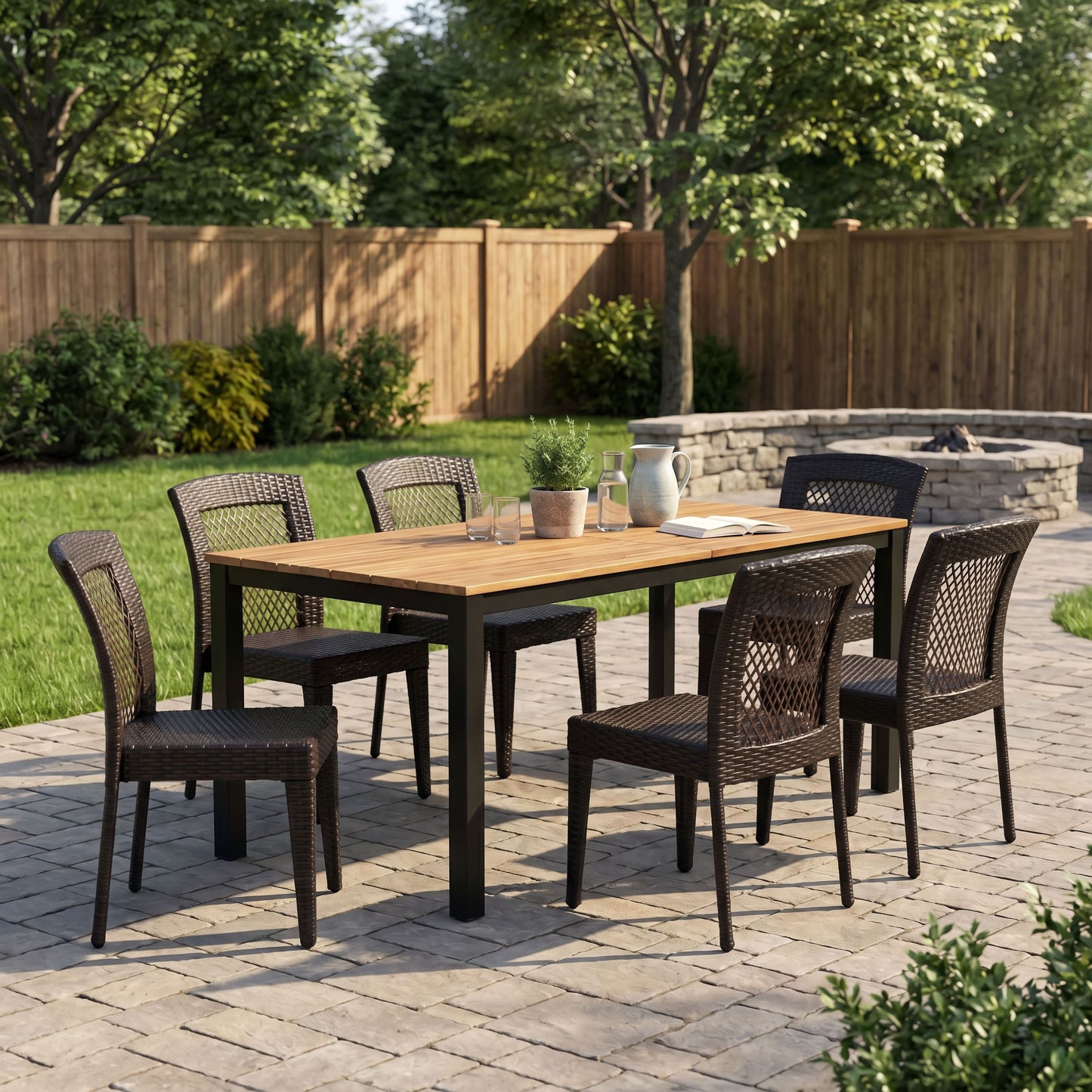 7-Piece Outdoor Dining Set, Acacia Wood Table & 6 Multi-Brown PE Rattan Chairs, Patio Dining Furniture image 1