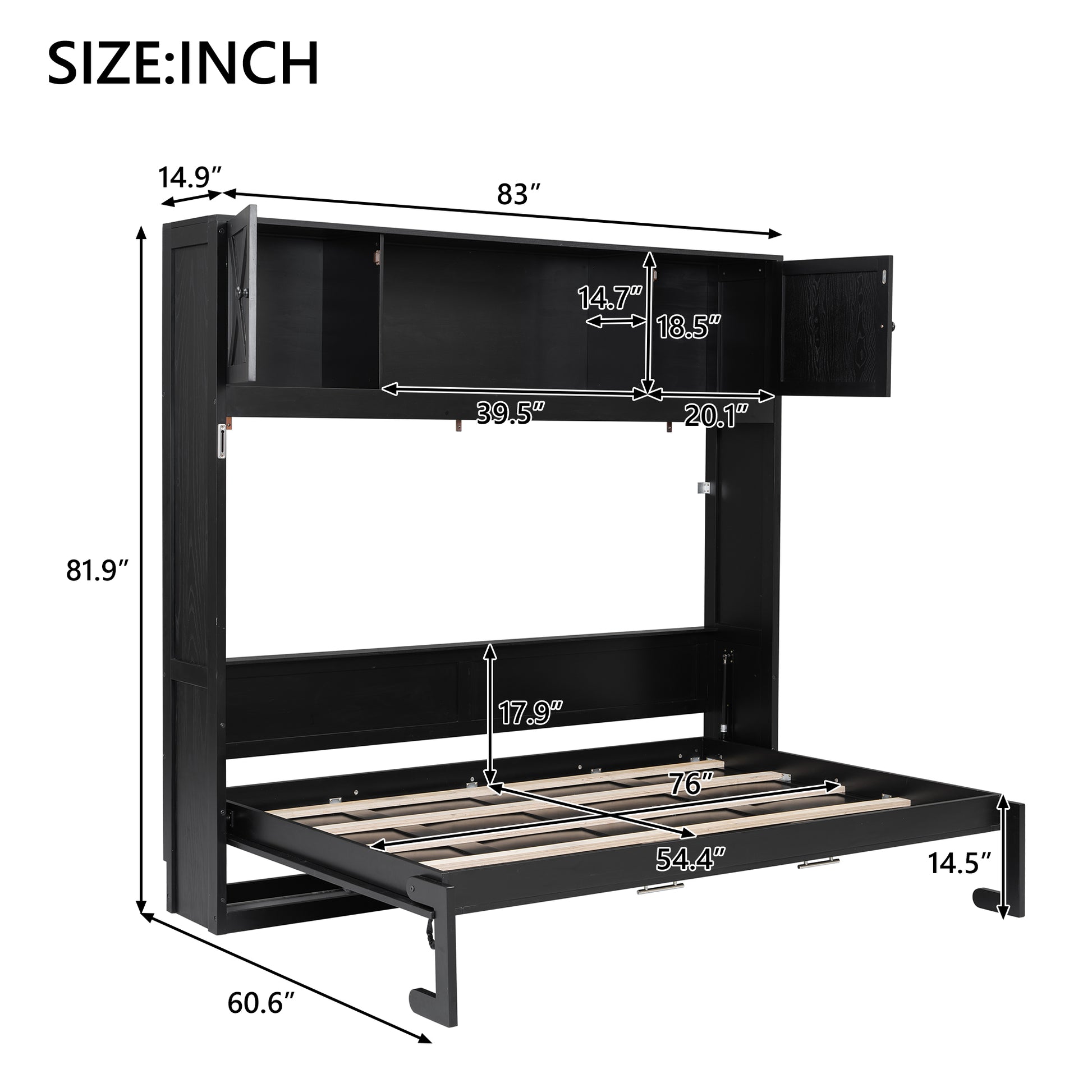 Full Size Murphy Bed with Storage Cabinets, Black image 11