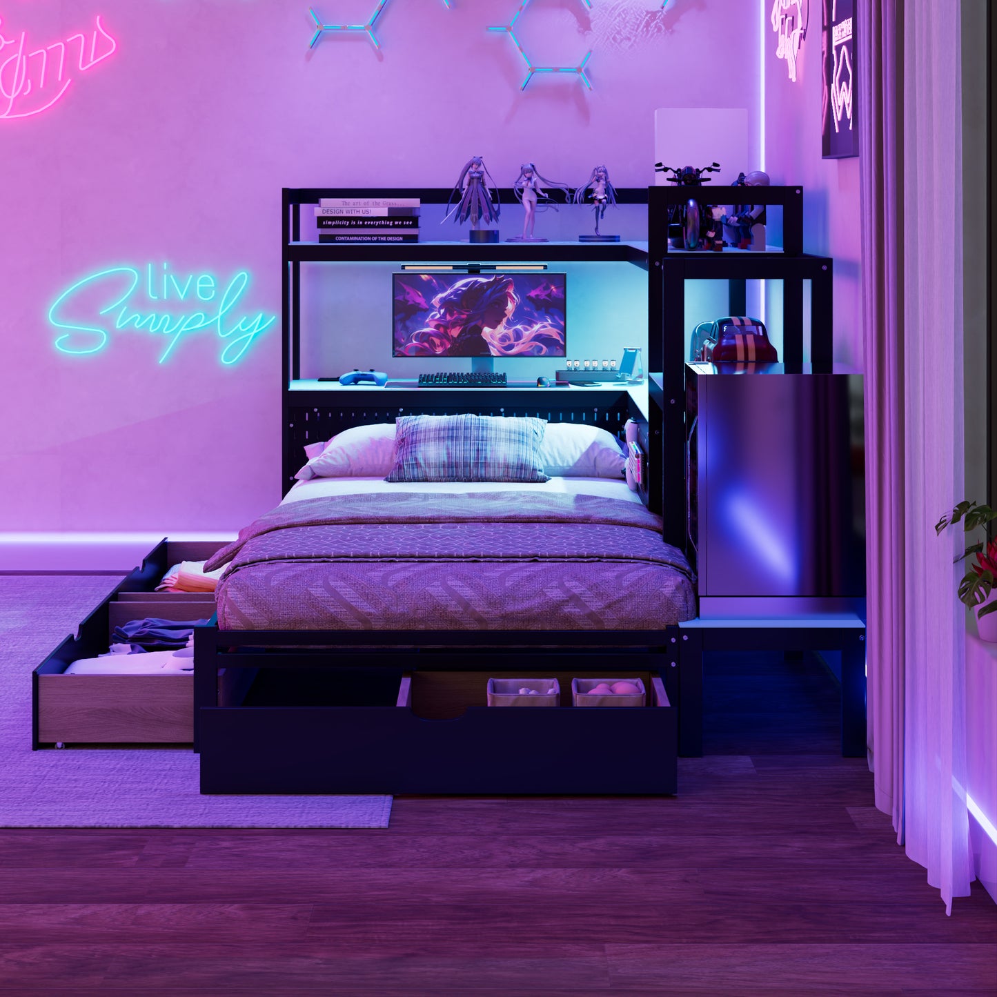 Twin Size Gaming Daybed with Integrated Desk and LED Light, Modern Wooden Bed Frame with 3 Storage Drawers and Built-in Charging Station, Multi-Functional Headboard Bookcase, Black+Blue image 7