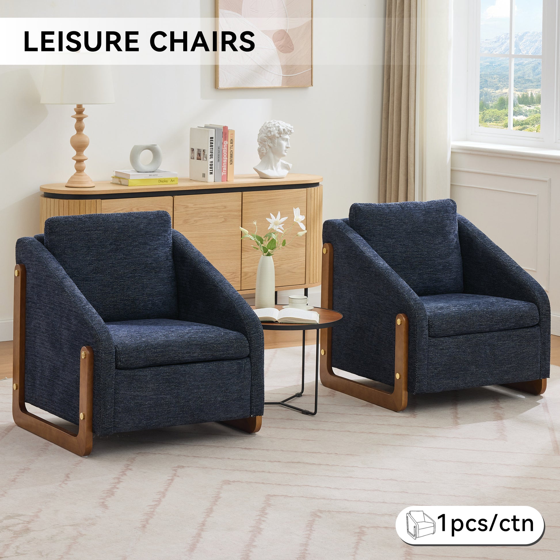 057-Set of 1 Chenille Fabric Modern Upholstered Armchair with Wooden Side Frame, Accent Leisure Chair with Cushioned Seat and Backrest for Living Room, Bedroom,Blue image 7