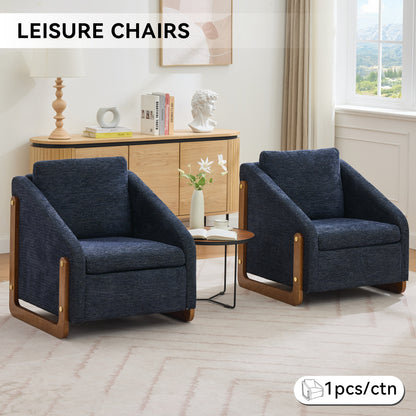 057-Set of 1 Chenille Fabric Modern Upholstered Armchair with Wooden Side Frame, Accent Leisure Chair with Cushioned Seat and Backrest for Living Room, Bedroom,Blue image 7