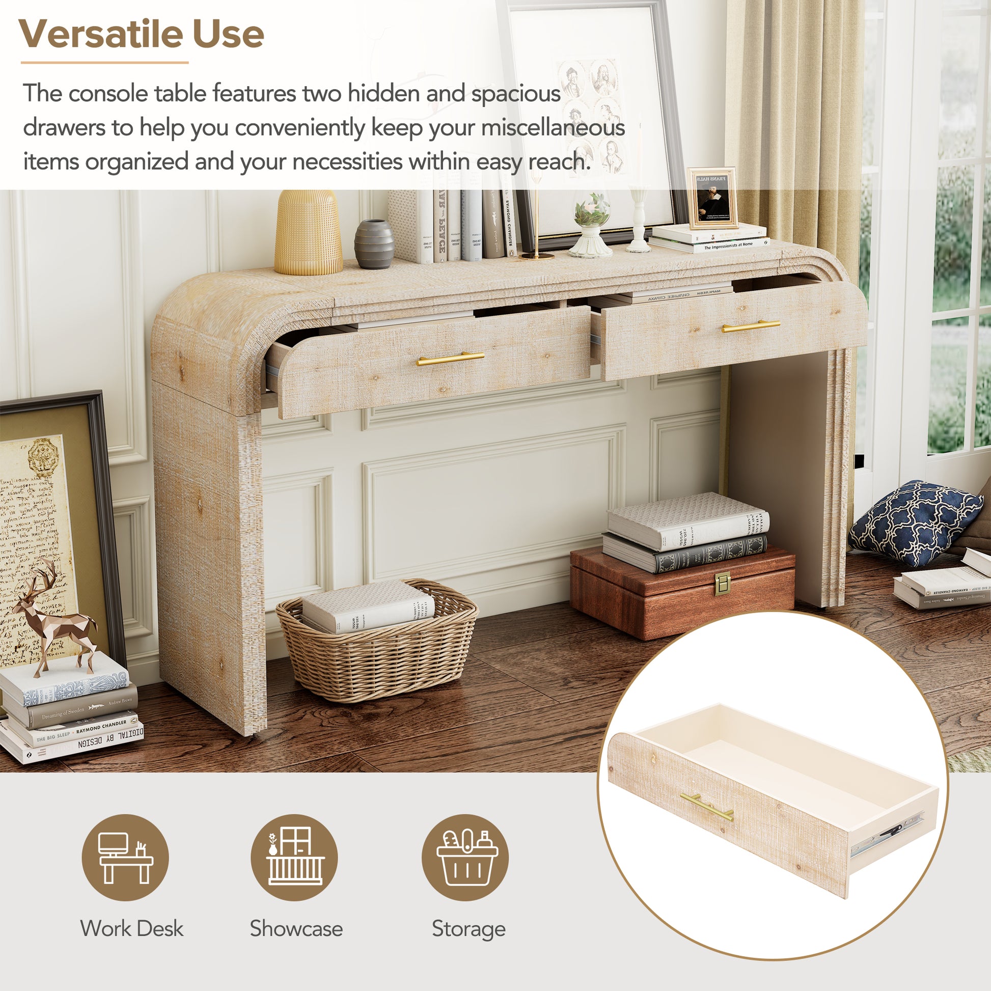 TREXM Unique Retro Silhouette Console Table with Open Style, Two Top Drawers for Entrance, Dinning Room, Living Room (Natural Wood Wash) image 11