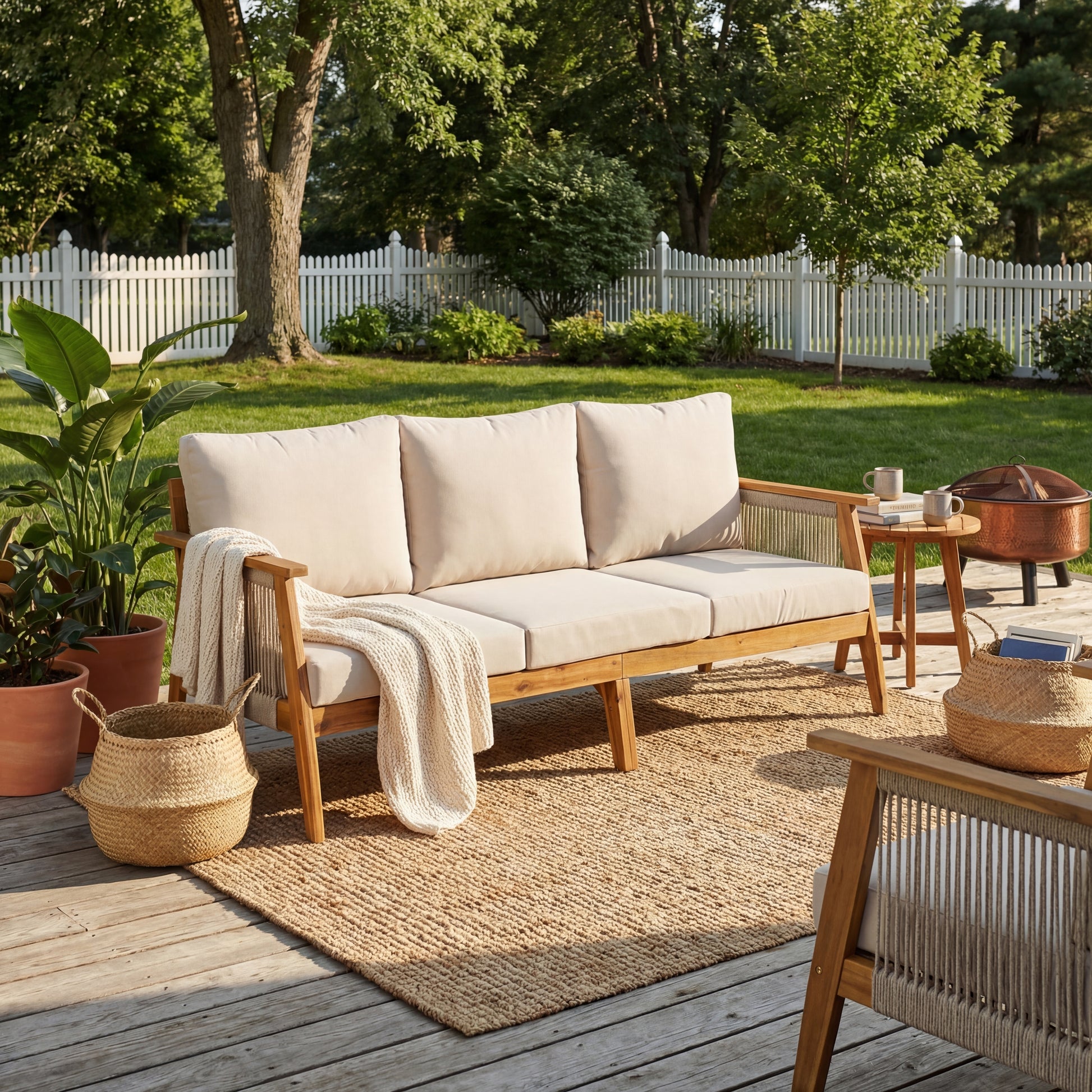 Outdoor Acacia Wood and Rope 3 Seater Patio Sofa image 2