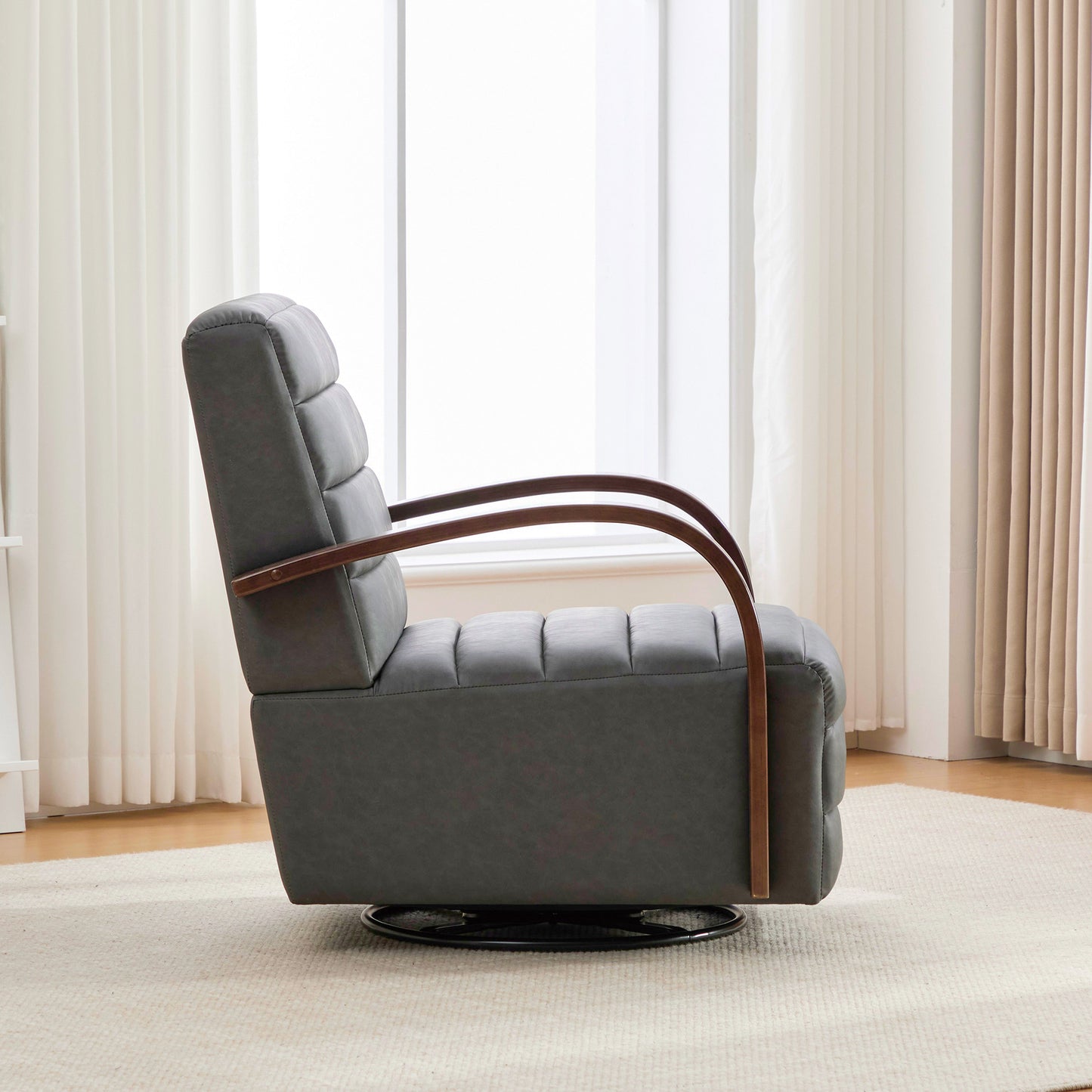 30.7"W Modern Upholstered 360° Swivel Accent Chair with Solid Wood Armrests and Comfy Channel Tufted Lounge Reading Chair, Single Sofa Armchair for Hotel Bedroom Living Room Office and Bedroom. Gray image 7