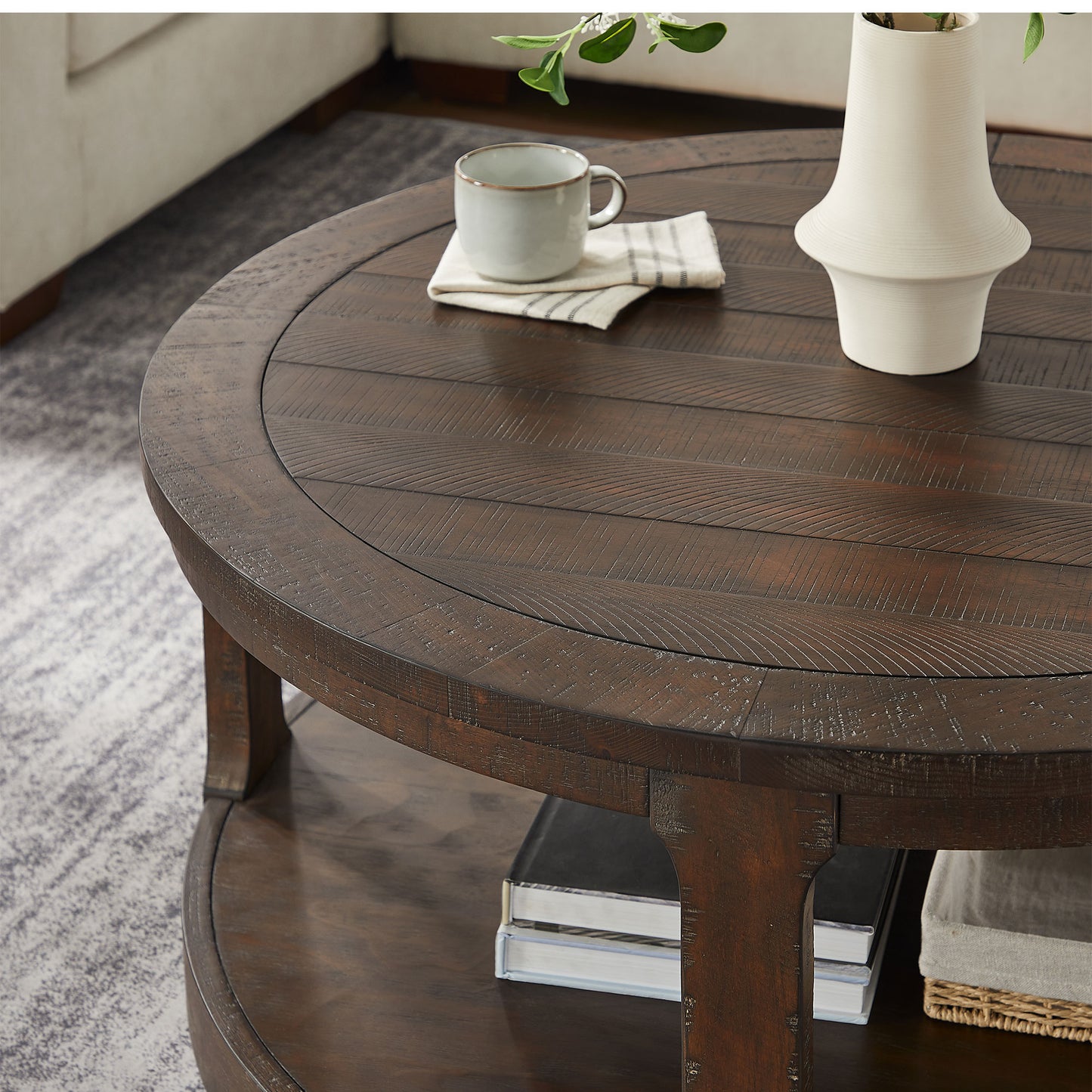 40inch Large Curved 2 Tier Traditional Round Circle Wooden Center Coffee Table,Mid Century Rounded Table with Wheels,Rustic Style Table for living Room,Office,Apartment,Brown image 7