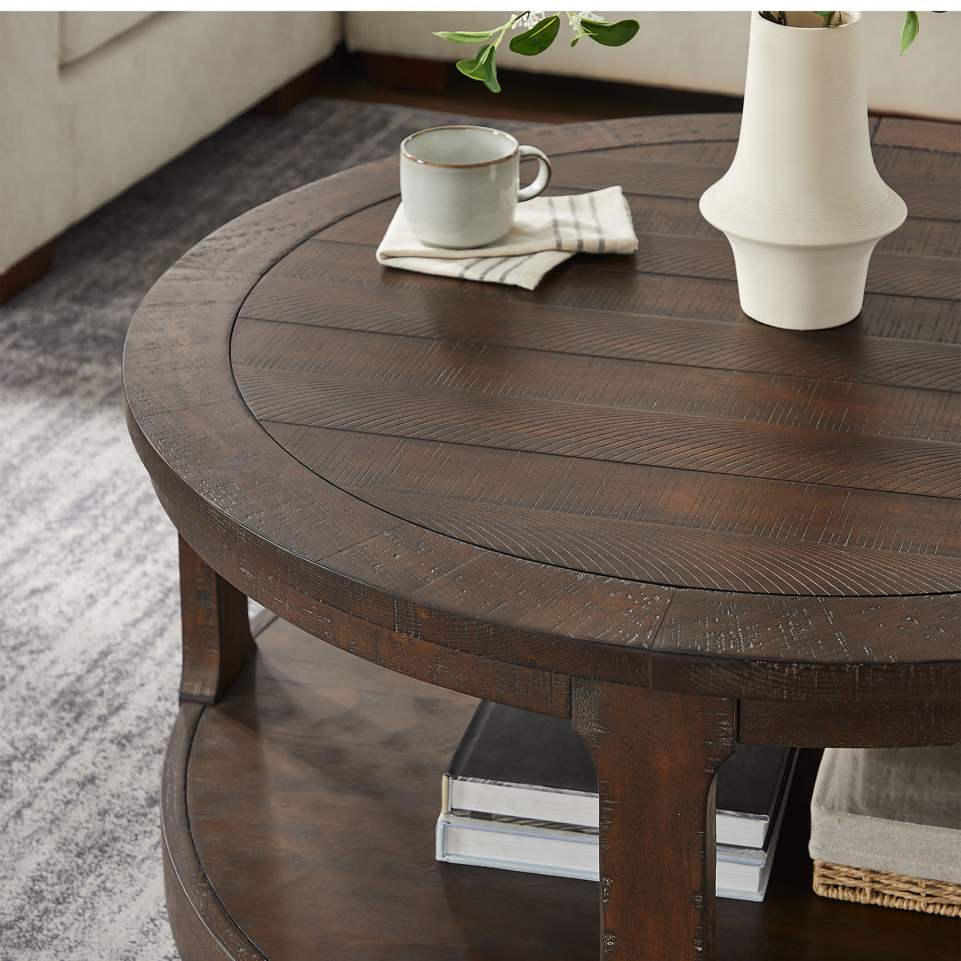 40inch Large Curved 2 Tier Traditional Round Circle Wooden Center Coffee Table,Mid Century Rounded Table with Wheels,Rustic Style Table for living Room,Office,Apartment,Brown image 7