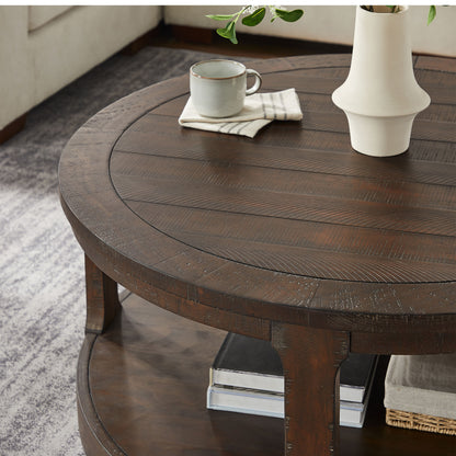 40inch Large Curved 2 Tier Traditional Round Circle Wooden Center Coffee Table,Mid Century Rounded Table with Wheels,Rustic Style Table for living Room,Office,Apartment,Brown image 7