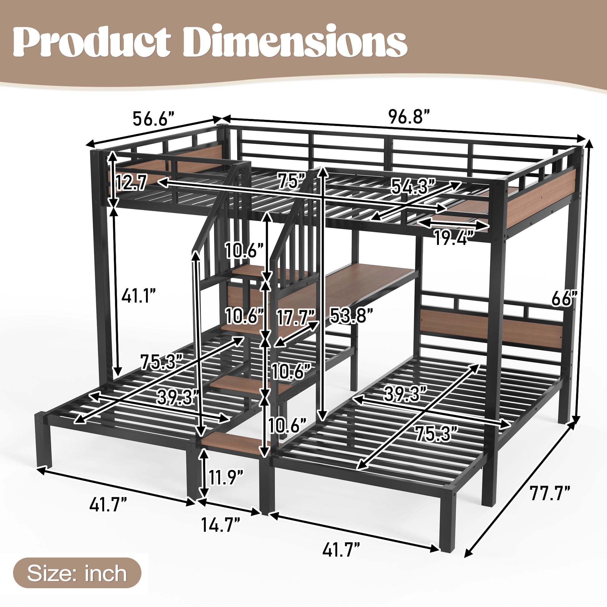 Full over Twin over Twin(Full XL over Twin over Twin) Metal Bunk Bed,triple metal bunk bed with Storage shelves and storage stairs,Black image 6