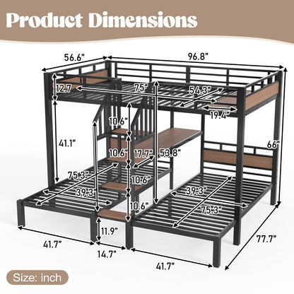Full over Twin over Twin(Full XL over Twin over Twin) Metal Bunk Bed,triple metal bunk bed with Storage shelves and storage stairs,Black image 6