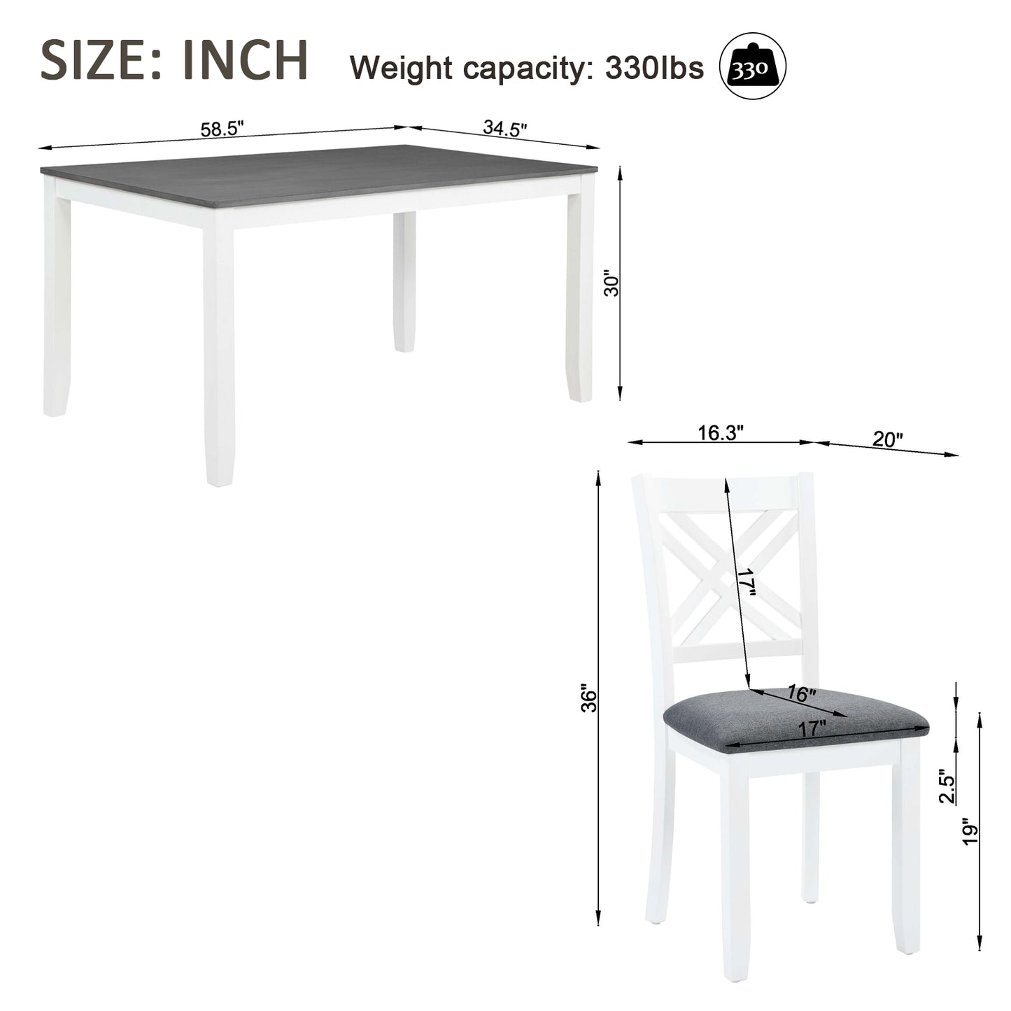 Modern 7-Piece Solid Wood Dining Set with 6 Upholstered Chairs – Grey & White Two-Tone Rectangular Table for 6, Space-Saving Kitchen & Dining Room Set, Easy Assembly image 8