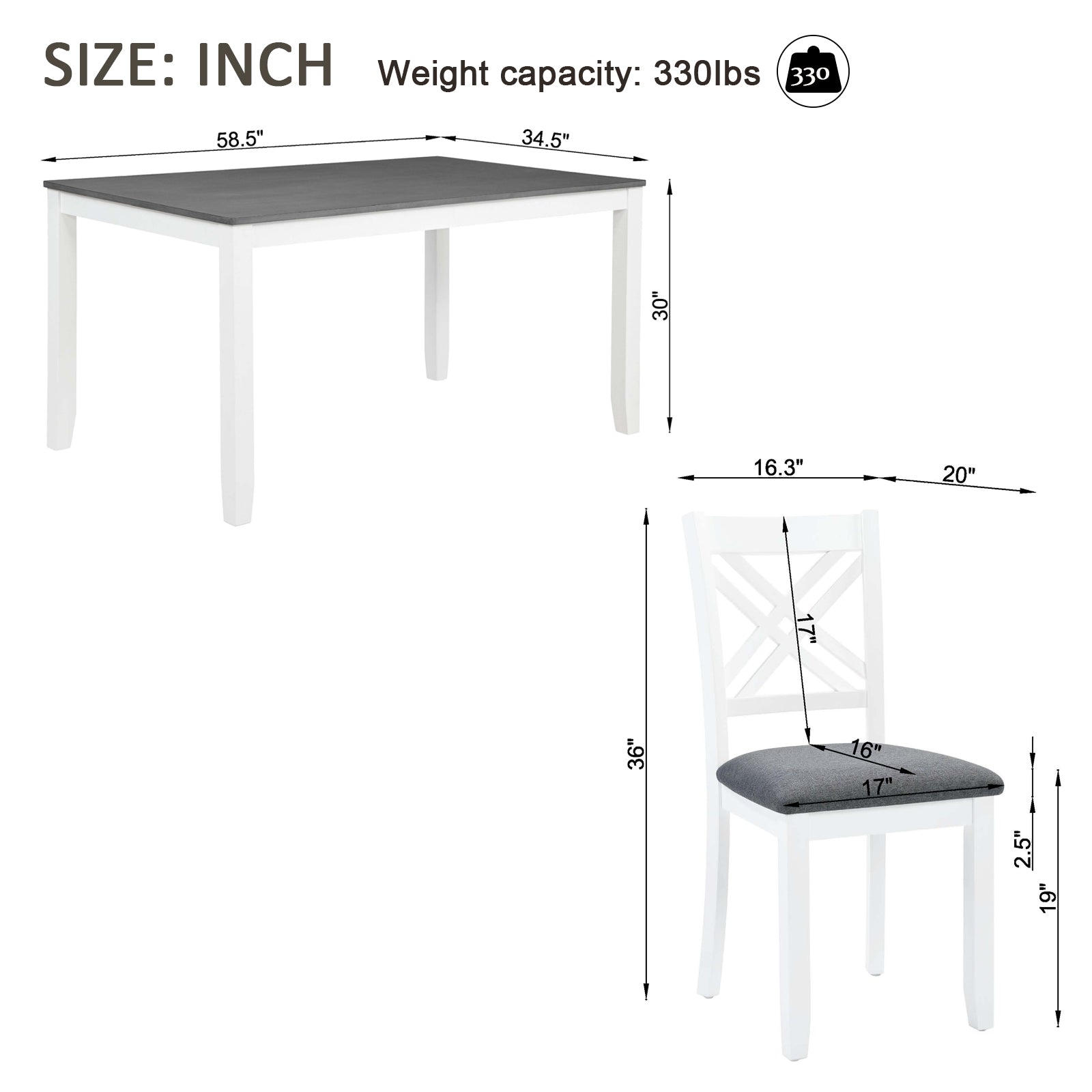 Modern 7-Piece Solid Wood Dining Set with 6 Upholstered Chairs – Grey & White Two-Tone Rectangular Table for 6, Space-Saving Kitchen & Dining Room Set, Easy Assembly image 8