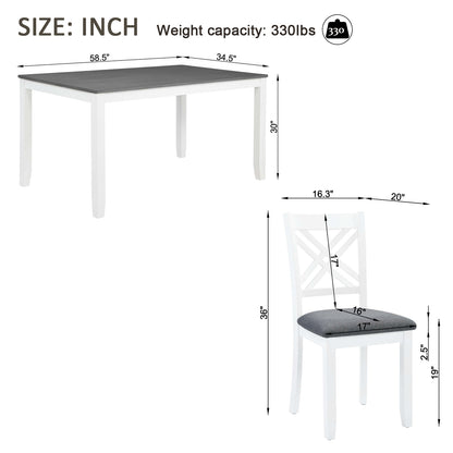 Modern 7-Piece Solid Wood Dining Set with 6 Upholstered Chairs – Grey & White Two-Tone Rectangular Table for 6, Space-Saving Kitchen & Dining Room Set, Easy Assembly image 8