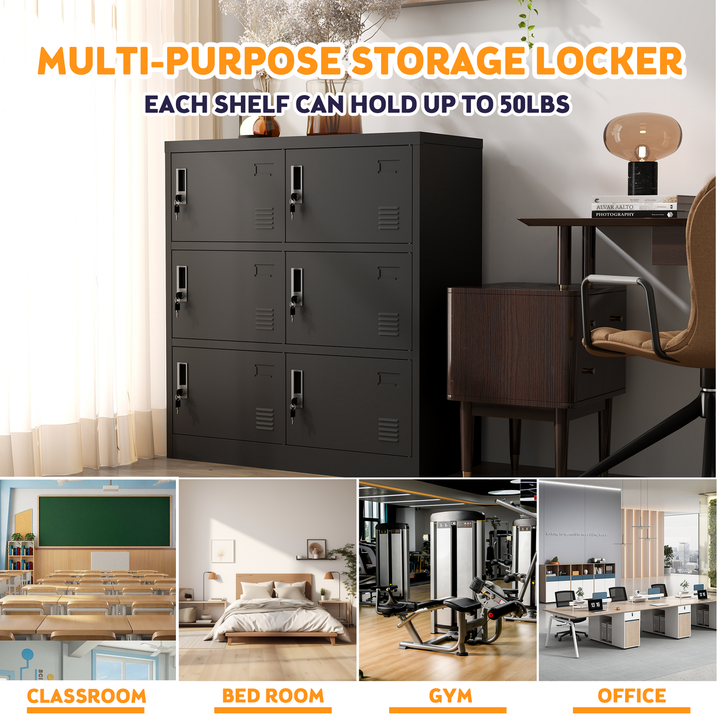 6-Door Employee Storage Locker, Metal Lockers for Office, Gym, School, and Homewith Card Slot (Black) image 3