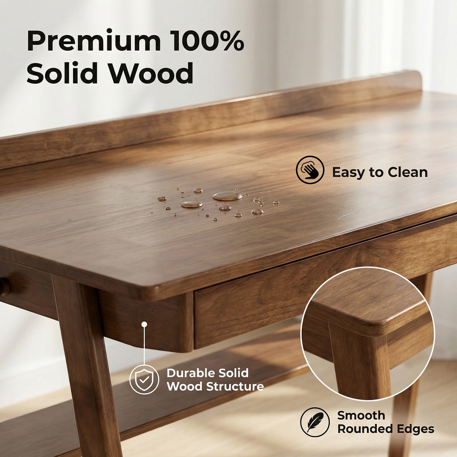 Solid Wood Writing Desk, Home Office Desk for Small Spaces, Mid Century Modern Desks with 2 Drawers & Storage Shelf, Standing Desk with Side Hooks for Study, Bedroom, Office (Walnut) image 10