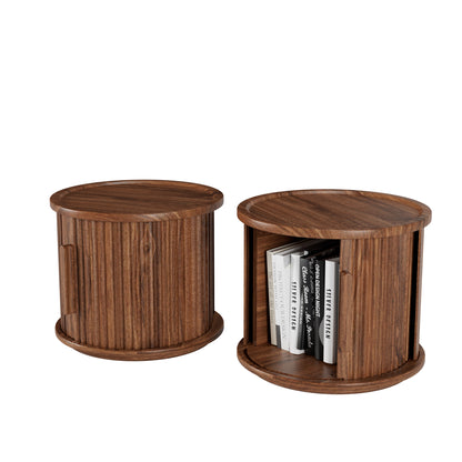 2Piece Round Coffee Table Set, Modern Nesting Side Tables with Sliding Door Storage, Walnut Finish Sofa End Table & Bedside Nightstand for Living Room & Bedroom, Fluted Roman Column Design Accent Tab image 6