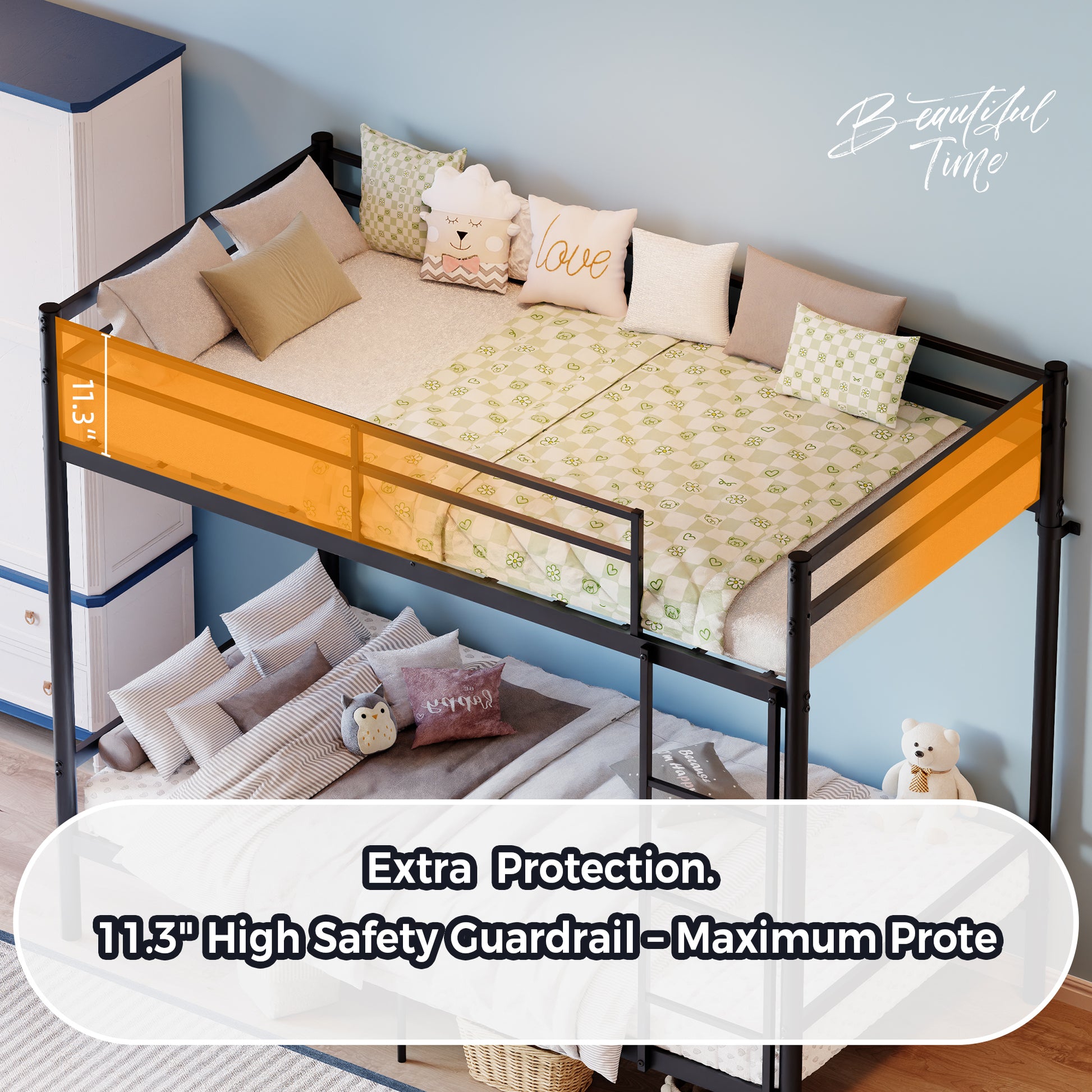 Bunk Bed with Ladder and high Guardrail, Metal Bunk Bed, Storage Space, Noise Free,Twin Over Twin Size,Black image 11