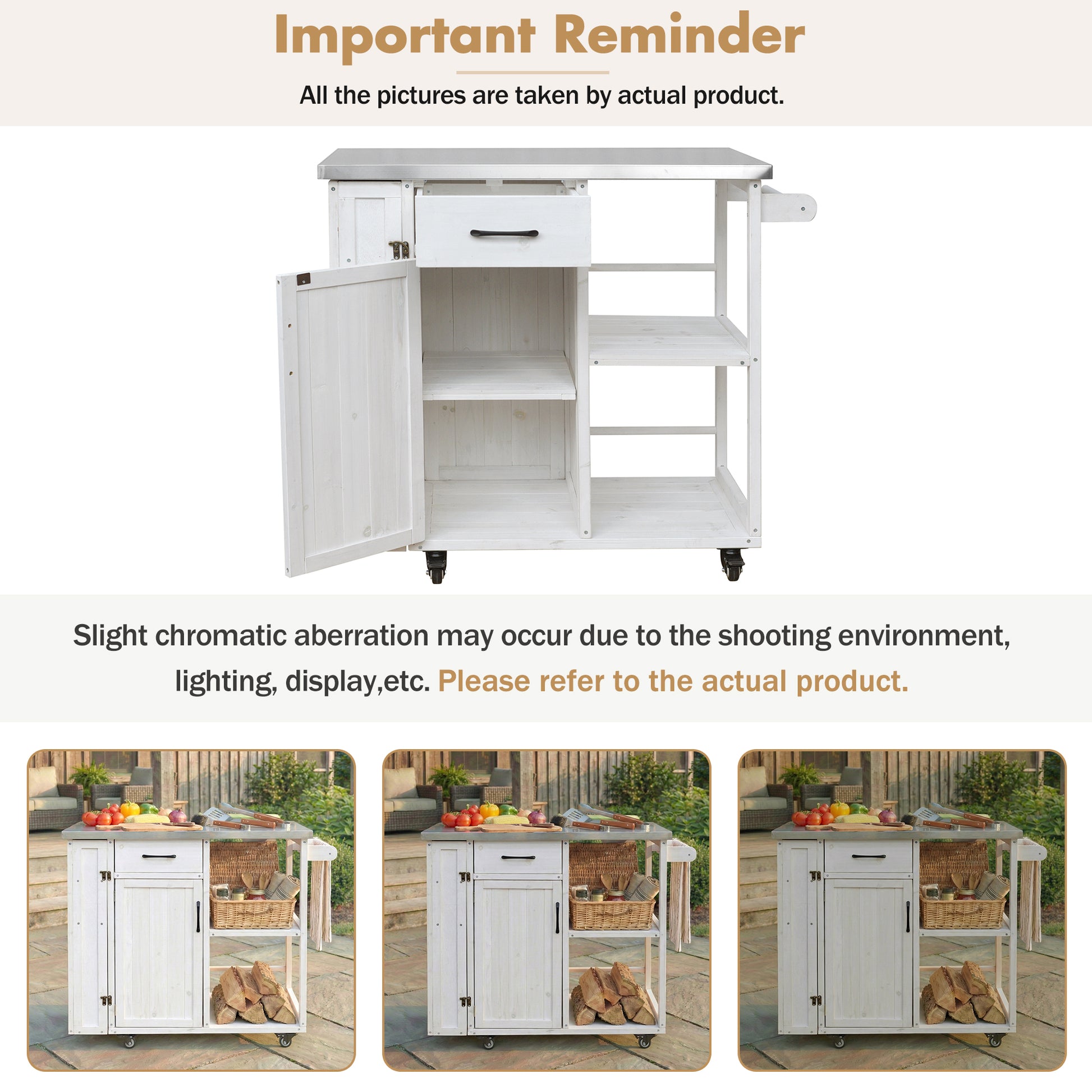 Outdoor Kitchen Island Fir Wood Prep Station Lockable Kitchen Cart with Stainless Top, Ample Storage Space, Towel and Spice Racks for Patio and Outdoor, White image 10