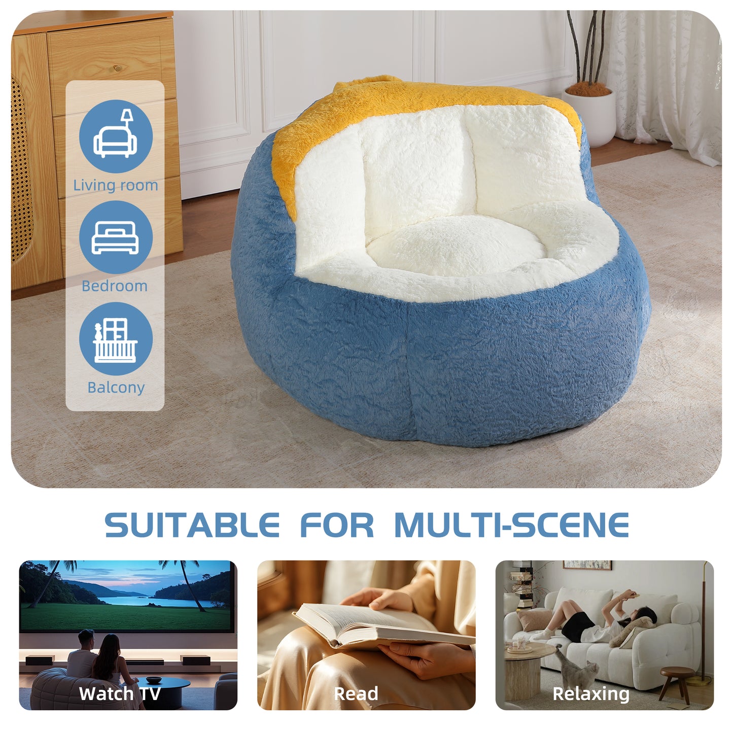 Oversized Bean Bag Chairs,Multicolor Faux Fur Couch Filled with Shredded Sponge,Large Lounger Sofa For Living Room,No Assembly Required, Blue+White+Yellow image 7