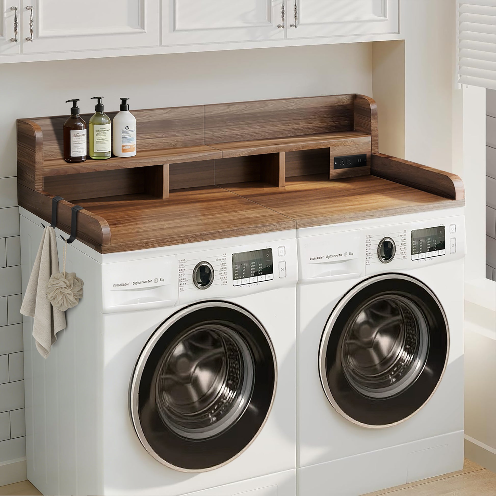 2-Tier Washer and Dryer Countertop with Power Outlet, 54" W x 27.5" D Large Laundry Countertop for Fold Clothes, Laundry Topper with Non-Slip Pads & Hooks and Storage Basket (Walnut Color) image 6