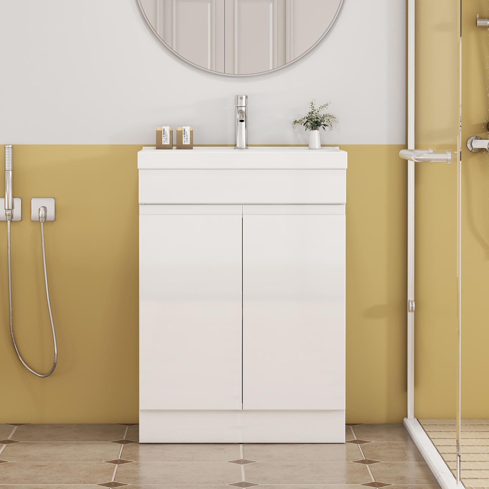 24-Inch Bathroom Vanity With Sink Combo, 2 Doors Bathroom Cabinet, With Shelf,Handle Free Design,Unique Thick-Edged Ceramic Basin,Soft Close System Hinge,Easy Assemble,Glossy White image 5