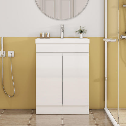 24-Inch Bathroom Vanity With Sink Combo, 2 Doors Bathroom Cabinet, With Shelf,Handle Free Design,Unique Thick-Edged Ceramic Basin,Soft Close System Hinge,Easy Assemble,Glossy White image 5