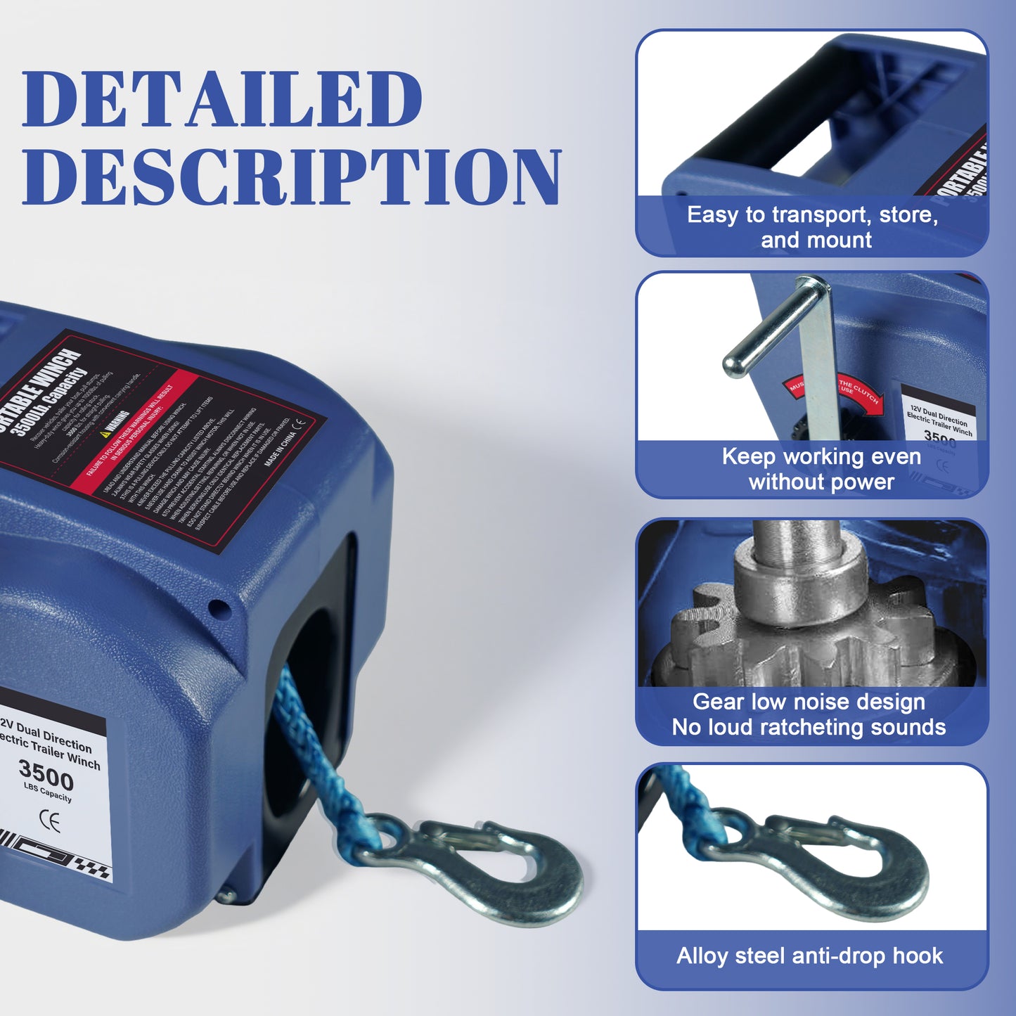 3500lbs Electric Vehicle Winch, 12V DC Portable Trailer Winch with Wireless Remote & Hand Crank, Waterproof Reversible Power-in/Out Marine Winch for Boat Car Truck with Nylon Rope image 5