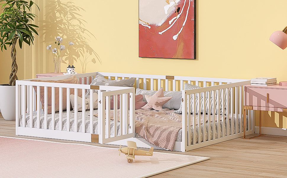 Full Size Floor Bed with High Fence Railings, with Door,6 Slats Included, Rubber Wood Floor Bed with Safety Guardrails,White image 5