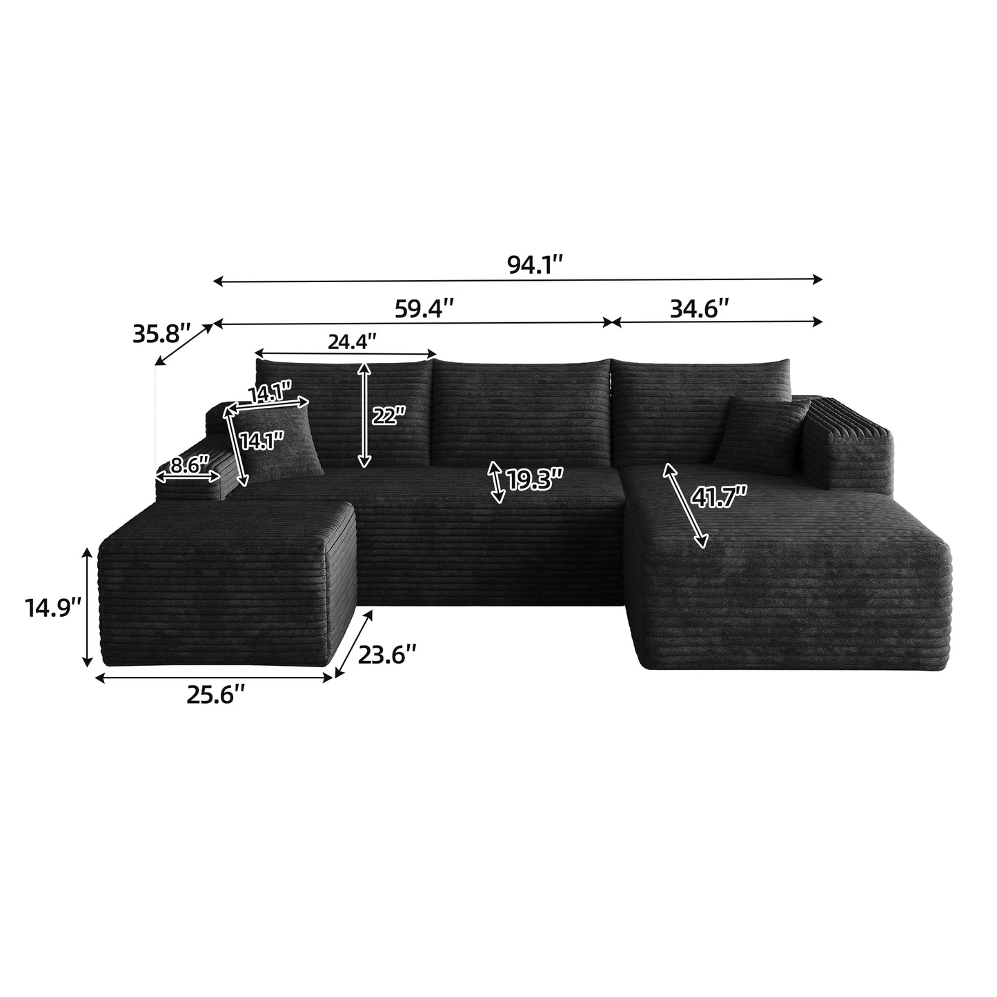 95" Cloud Sectional Sofa with 1 Ottoman,Modern Minimalist Upholstered Couches, Comfort U Shaped Sofa for Living Room,Deep Seat Corner Couch,No Assembly Required,Black (Plush Corduroy Fabric) image 9