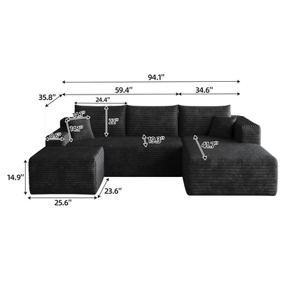 95" Cloud Sectional Sofa with 1 Ottoman,Modern Minimalist Upholstered Couches, Comfort U Shaped Sofa for Living Room,Deep Seat Corner Couch,No Assembly Required,Black (Plush Corduroy Fabric) image 9