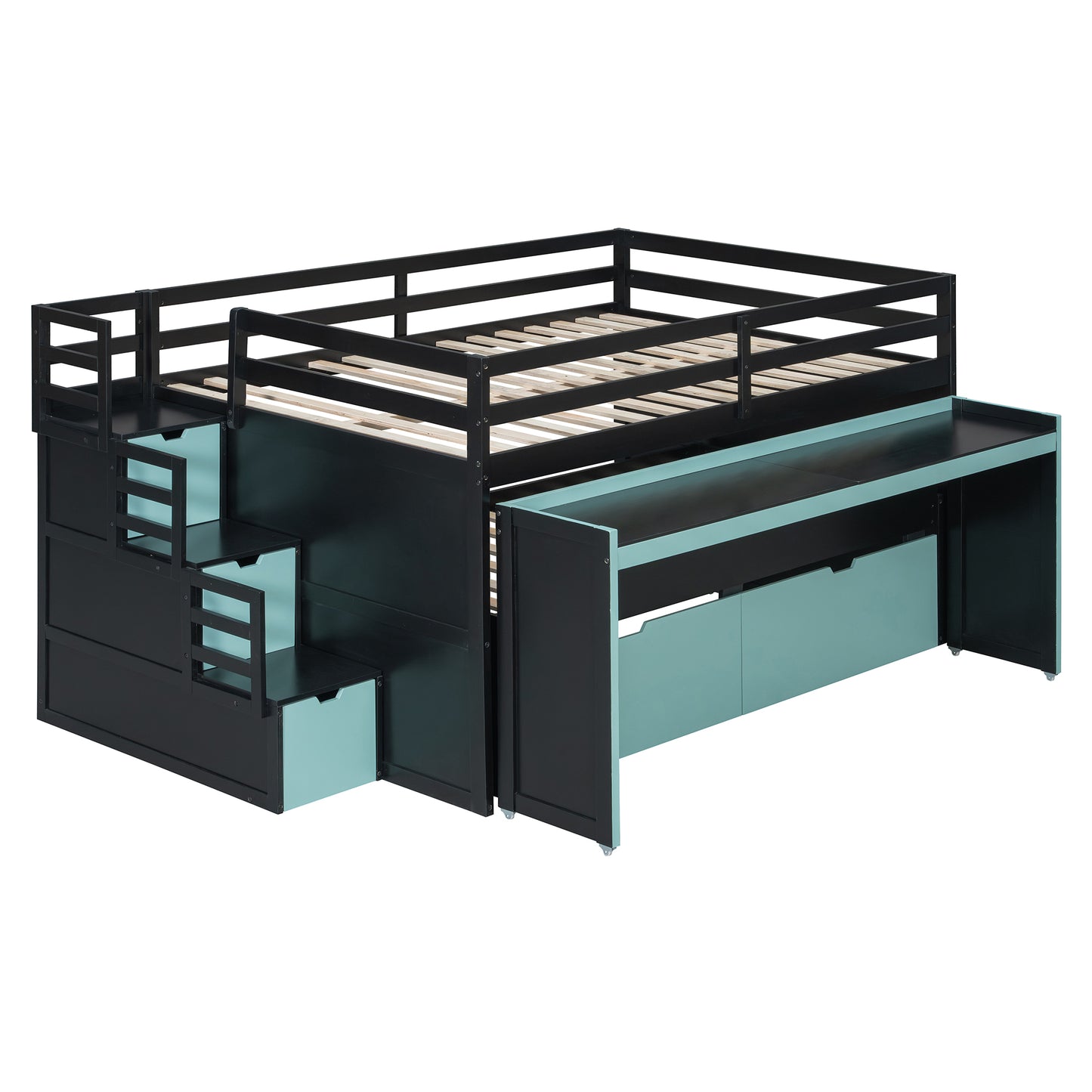 Full XL Loft Bed with Pull-Out Desk and Twin Trundle, Multi-Functional Bunk Bed with 2 Storage Drawers and Storage Steps, Space-Saving Gaming & Workstation Bedframe, Black+Blue image 8