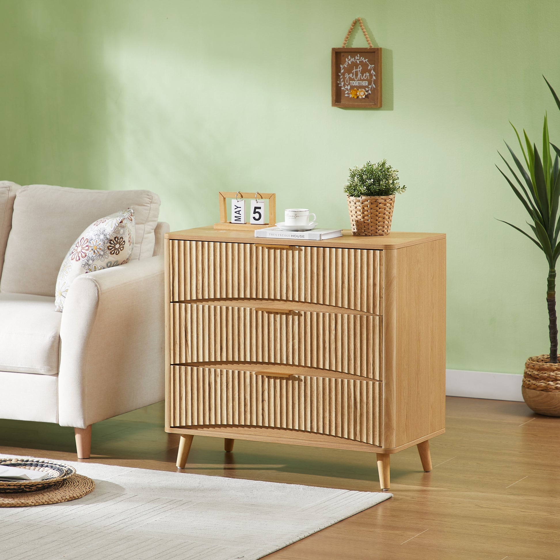 Fluted 3 Drawer Dresser Set of 2, Modern Tall Chest of Drawers with Vertical Grooved Design, Wood Storage Cabinet with Metal Handles for Bedroom Living Room, Oak. (23.6"W x 15"D x 30"H). image 2