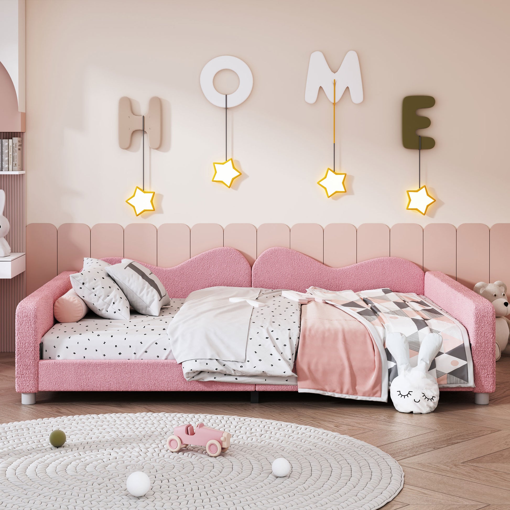 Full size Upholstered Daybed, Sherpa Fabric Sofabed with Cloud-Shaped Backrest, No Box-spring Needed, Pink(Old SKU: WF532069AAH) image 1