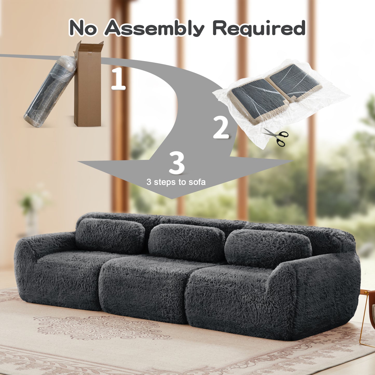 114''Soft And Fluffy Plush Fabric,Modular Sectional Sofa Couches,Ergonomic Design With Throw Pillows,Full-compression Vacuum Packaging Buckle Connection For Study,Home Theater,Dark Grey image 9