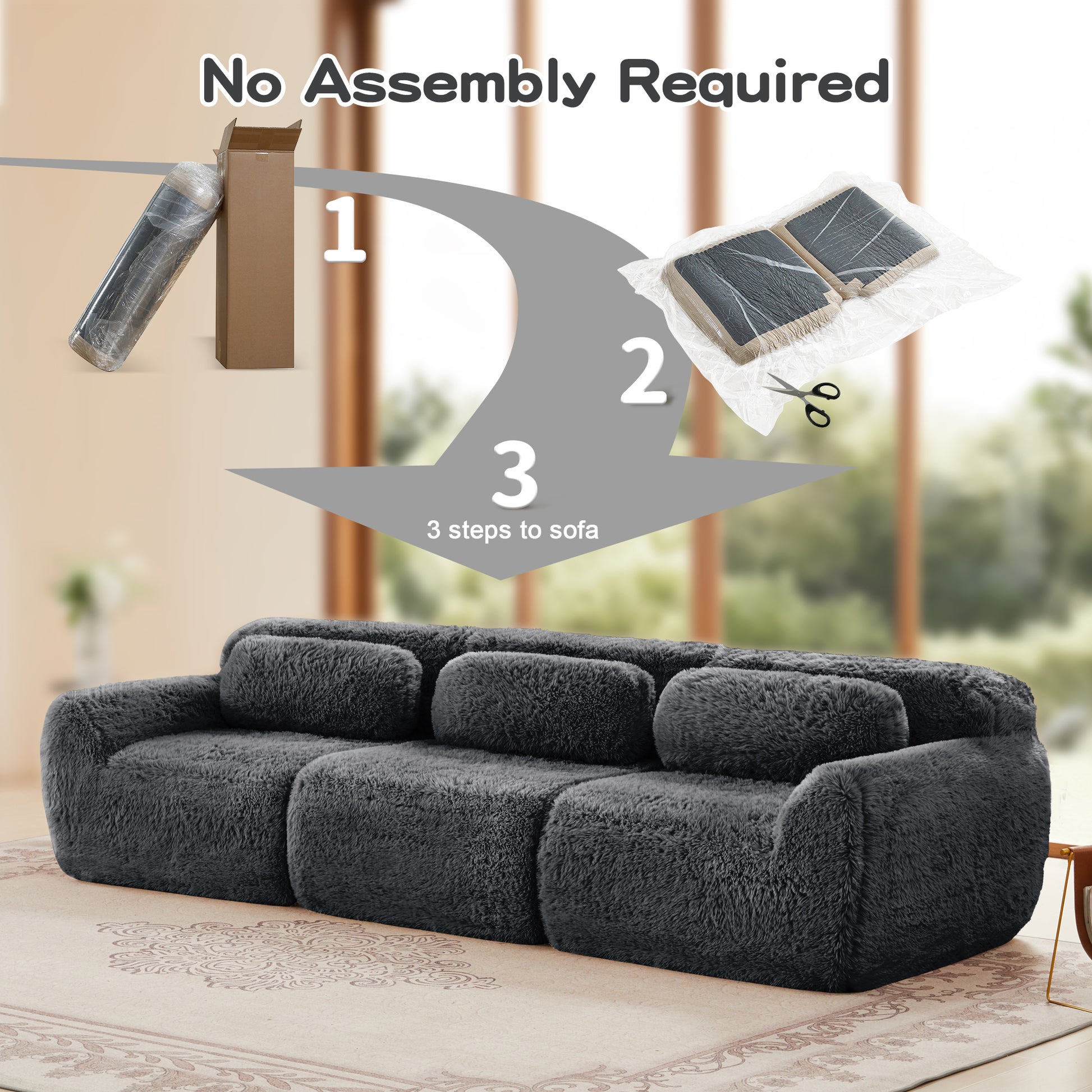 114''Soft And Fluffy Plush Fabric,Modular Sectional Sofa Couches,Ergonomic Design With Throw Pillows,Full-compression Vacuum Packaging Buckle Connection For Study,Home Theater,Dark Grey image 9