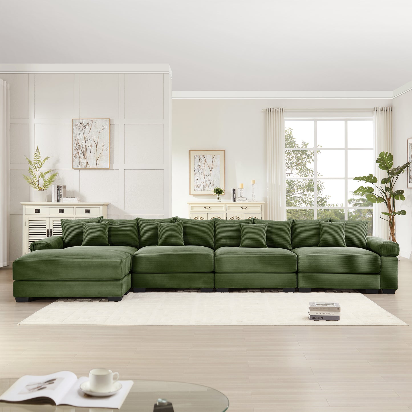 170"Oversized Cloud Modular L-Shape Sectional Couch,Soft Corduroy Fabric, With An Ottoman,Deep Seat Wide Armrests,Ergonomic Design,12 Throw Pillows, Easy Assembly,For Living Rooms Studies,Green image 2