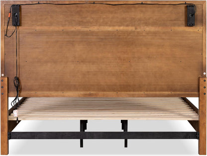 Mid-Century Modern Beautiful 1pc Queen Size Bed Walnut Solid wood Upholstered HB w Reading Light Bedroom Furniture image 6