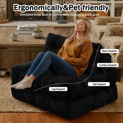 Folding single chair, adjustable and convertible sofa bed, comfortable fluffy lazy sofa in living room, bedroom, apartment, dormitory, black. image 5
