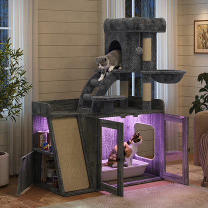 Litter Box Enclosure with Cat Tree, Hidden Litter Box with LED Light, Sisal Scratching Board and Storage Space, Modular Litter Box Furniture with Condo and Platform, All-in-one Cat Tower,Grey image 2