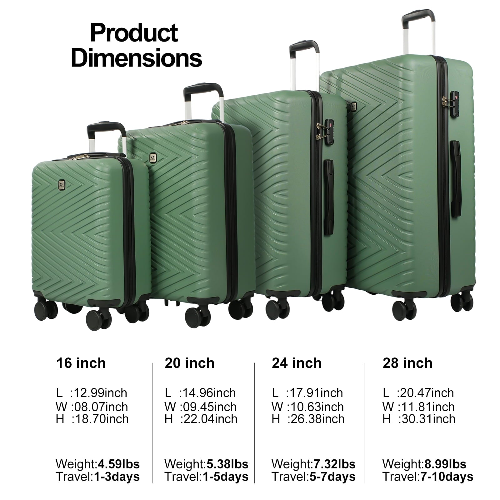 luggage 4-piece ABS lightweight suitcase with rotating wheels, 24 inch and 28 inch with TSA lock, (16/20/24/28) GREEN image 4