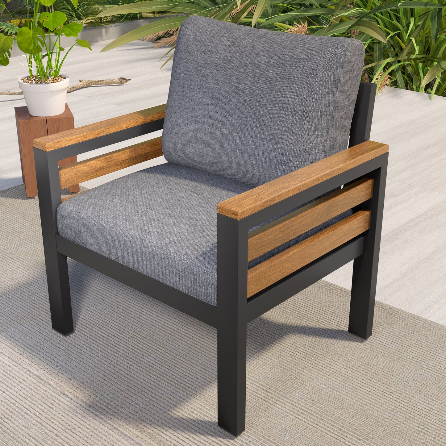 <Old SKU: N704G201246E> GO 4-Piece Outdoor Furniture Sofa Set for 5 People with Acacia Wood Armrests, Patio Conversation Set with Removable Cushion and Solid Wood Coffee Table for Garden, Grey image 3