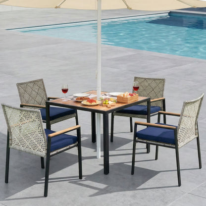 All Weather 5-Piece Patio Dining Table Sets, Patio Conversation Set Acacia Wood Table Top with Umbrella Hole, Rattan Outdoor, Light Gray Color image 1