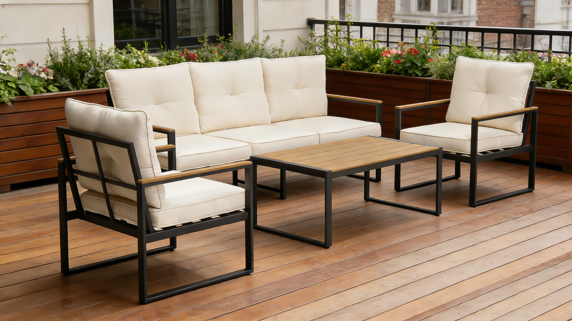 Steel Outdoor Patio Table, All-Weather Patio Tables for Outside with PS Wood-Like Table Top, Modern Rectangle Coffee Table for Porch, Balcony, Deck, Yard, Black image 5