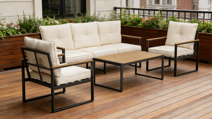 Steel Outdoor Patio Table, All-Weather Patio Tables for Outside with PS Wood-Like Table Top, Modern Rectangle Coffee Table for Porch, Balcony, Deck, Yard, Black image 5