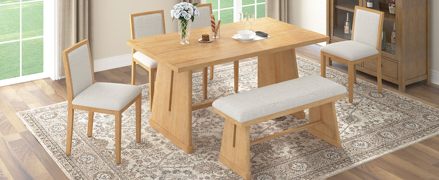TREXM 6-Piece Rustic Farmhouse Dining Table Set with Wire Brushed Design, Rectangular Dining Table with Trapezoid Legs, 4 Upholstered Linen Chairs & 1 Padded Bench for Dining Room & Kitchen (Natural) image 5