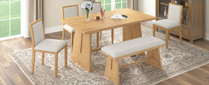 TREXM 6-Piece Rustic Farmhouse Dining Table Set with Wire Brushed Design, Rectangular Dining Table with Trapezoid Legs, 4 Upholstered Linen Chairs & 1 Padded Bench for Dining Room & Kitchen (Natural) image 5